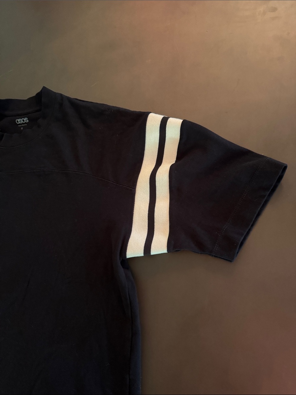 ASOS Black Short-Sleeve Crewneck Tee with White Sleeve Stripes - Picture 3 of 5